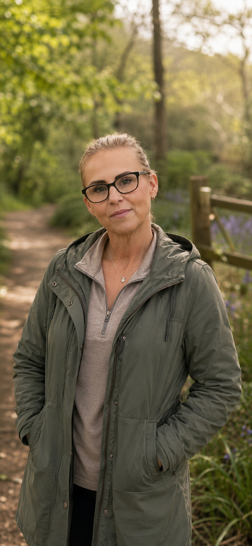 Tracie Turner walking a quiet woodland path used for Walk and Talk sessions