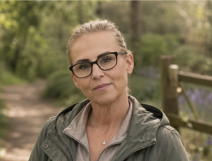 Tracie Turner on a woodland path used for Walk and Talk sessions